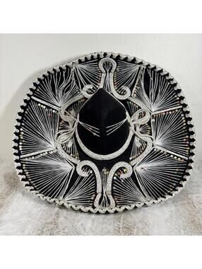 Vintage Mexican Charro Sombrero Hat Black Sequin String Art Made in Mexico